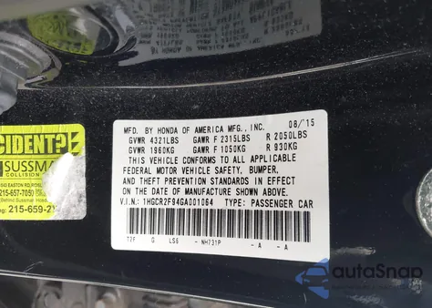 2016 Honda Accord Ex-L from USA, damaged, VIN 1HGCR2F94GA001064